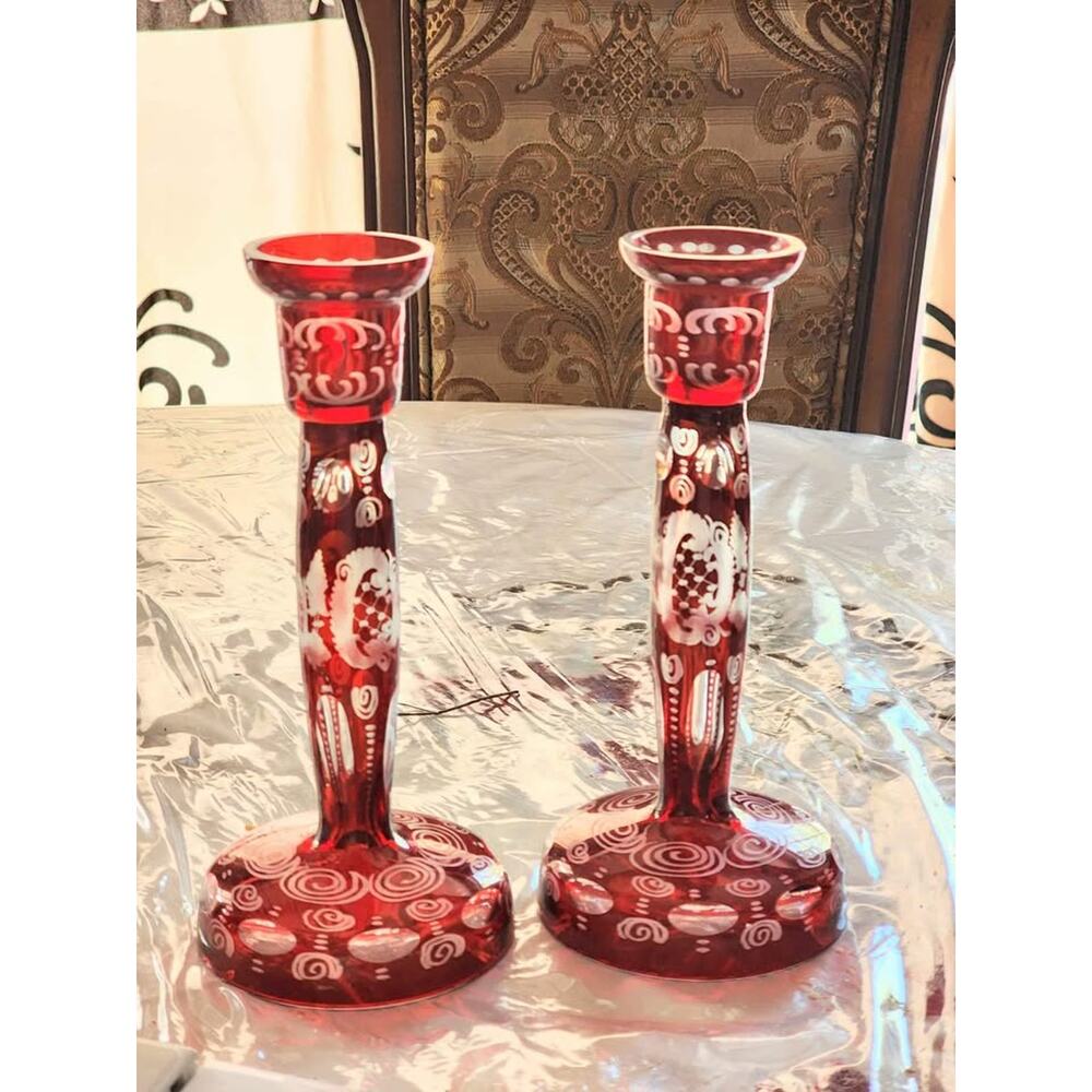 Egermann Ruby Candle Holders Czech Red Staining Bohemian Glass Pair Excellent